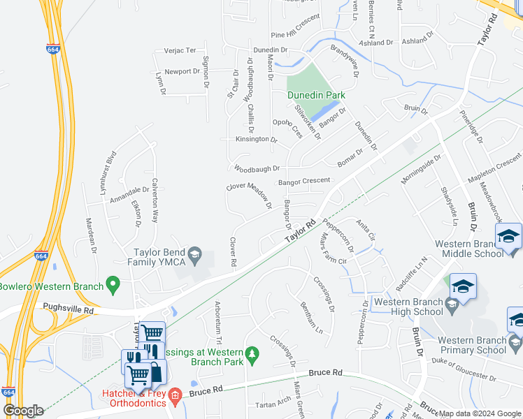 map of restaurants, bars, coffee shops, grocery stores, and more near 3420 Clover Road in Chesapeake