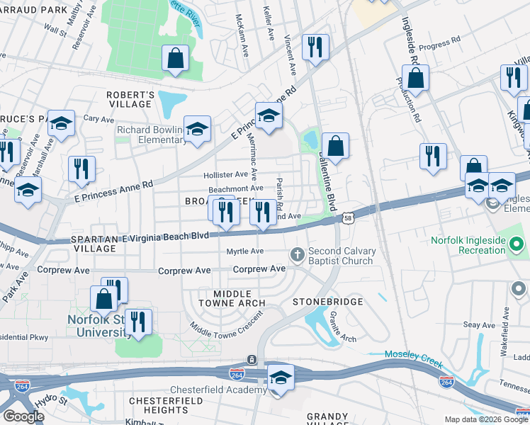 map of restaurants, bars, coffee shops, grocery stores, and more near 2907 Mapleton Avenue in Norfolk