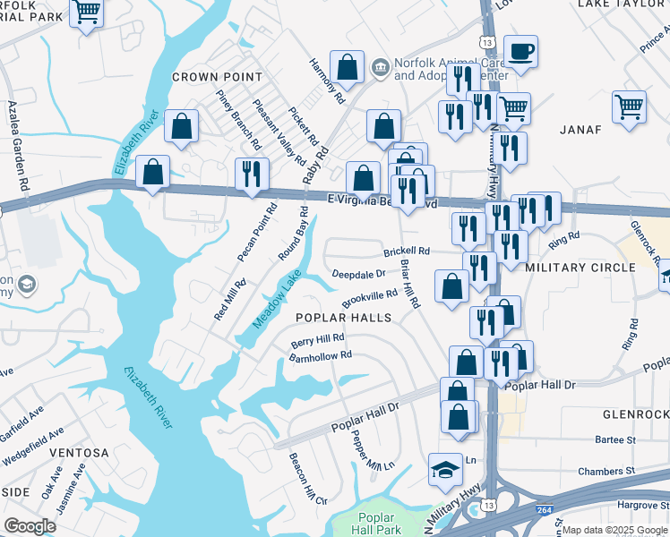 map of restaurants, bars, coffee shops, grocery stores, and more near 5520 Deepdale Drive in Norfolk