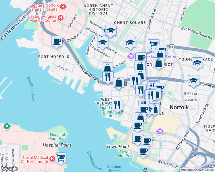 map of restaurants, bars, coffee shops, grocery stores, and more near 351 West York Street in Norfolk