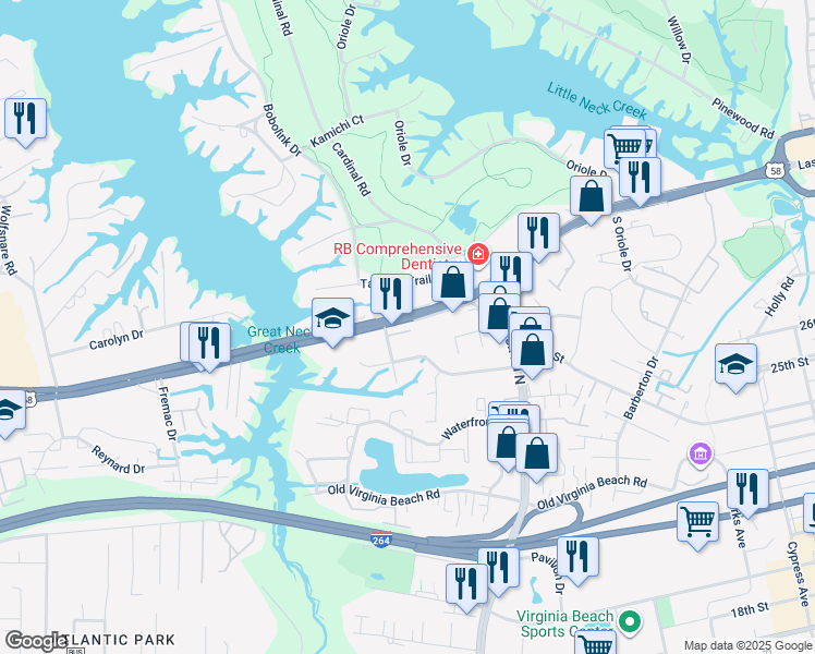 map of restaurants, bars, coffee shops, grocery stores, and more near 1245 Peoples Way in Virginia Beach