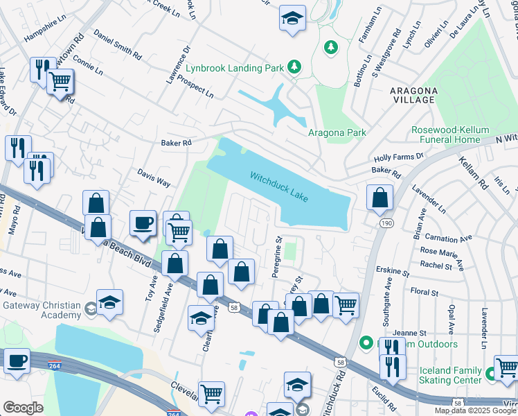 map of restaurants, bars, coffee shops, grocery stores, and more near Cottage Court in Virginia Beach