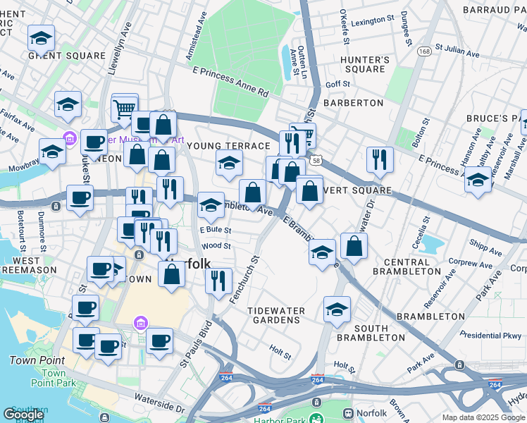 map of restaurants, bars, coffee shops, grocery stores, and more near 682 East Brambleton Avenue in Norfolk