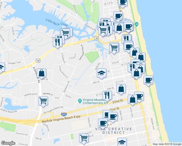 map of restaurants, bars, coffee shops, grocery stores, and more near 2703 Holly Road in Virginia Beach