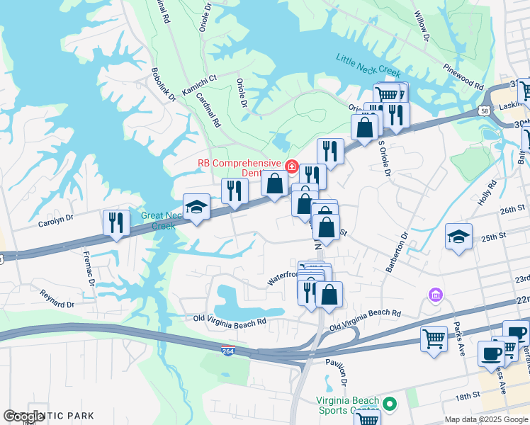 map of restaurants, bars, coffee shops, grocery stores, and more near 1209 Laskin Road in Virginia Beach