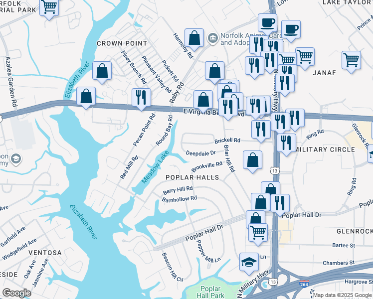 map of restaurants, bars, coffee shops, grocery stores, and more near 5520 Deepdale Drive in Norfolk