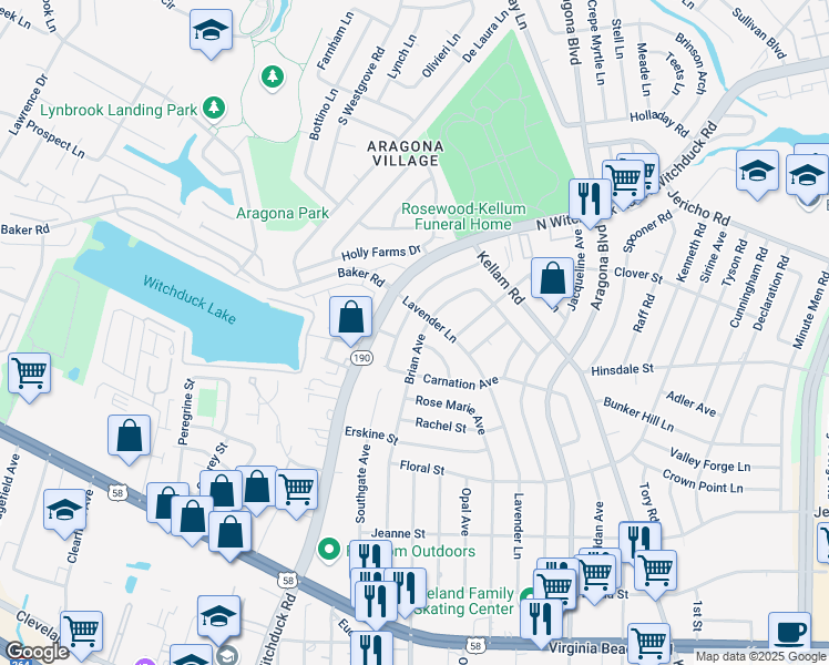 map of restaurants, bars, coffee shops, grocery stores, and more near 521 Brian Avenue in Virginia Beach