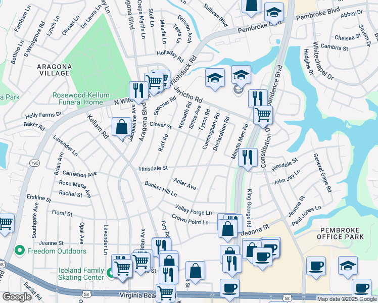 map of restaurants, bars, coffee shops, grocery stores, and more near 625 Sirine Avenue in Virginia Beach