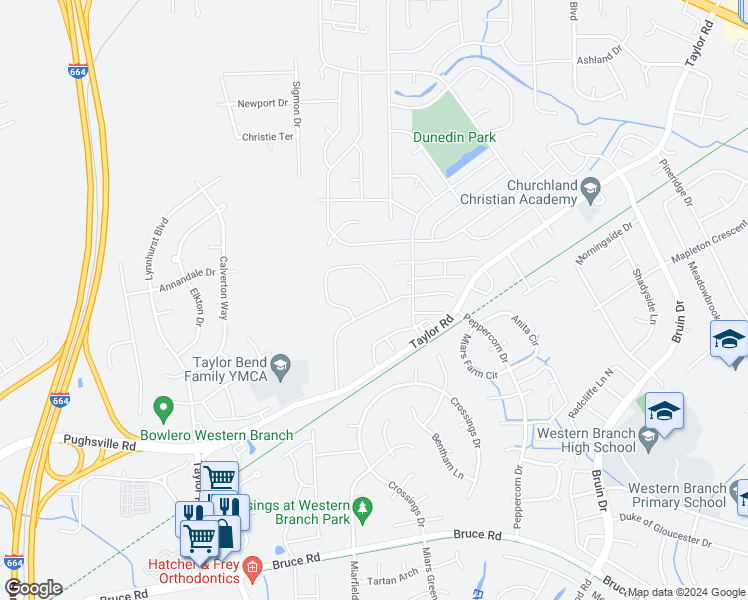 map of restaurants, bars, coffee shops, grocery stores, and more near 3426 Clover Road East in Chesapeake