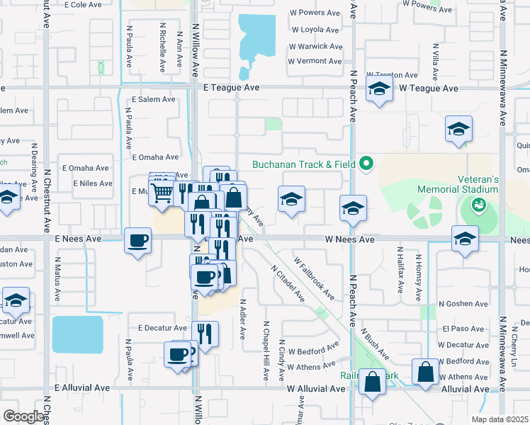 map of restaurants, bars, coffee shops, grocery stores, and more near 622 West Lexington Avenue in Clovis