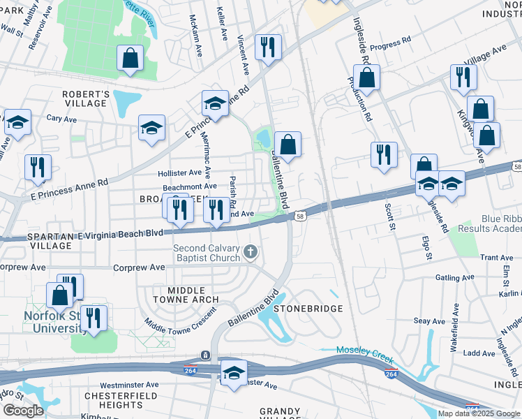 map of restaurants, bars, coffee shops, grocery stores, and more near 3032 Woodland Avenue in Norfolk