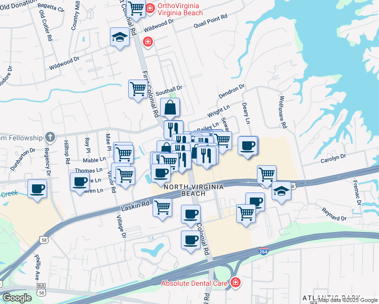 map of restaurants, bars, coffee shops, grocery stores, and more near 801 Plymouth Lane in Virginia Beach