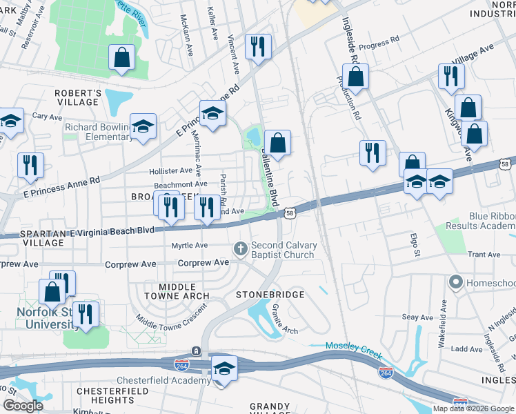 map of restaurants, bars, coffee shops, grocery stores, and more near 3052 Woodland Avenue in Norfolk