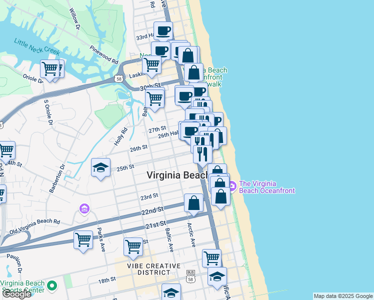 map of restaurants, bars, coffee shops, grocery stores, and more near 329 25th Street in Virginia Beach