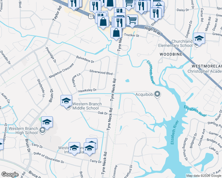 map of restaurants, bars, coffee shops, grocery stores, and more near 3204 Tyre Neck Road in Chesapeake