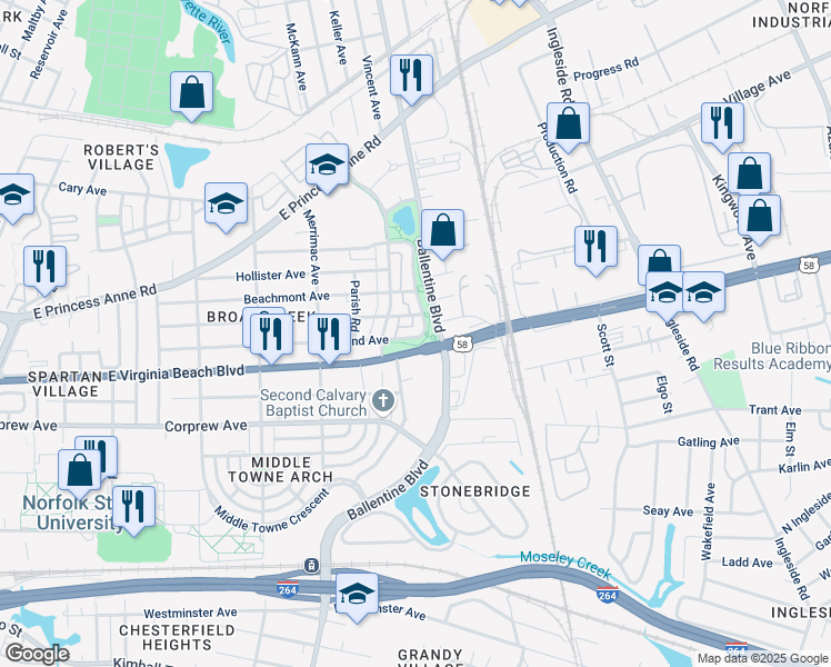 map of restaurants, bars, coffee shops, grocery stores, and more near 3058 Woodland Avenue in Norfolk