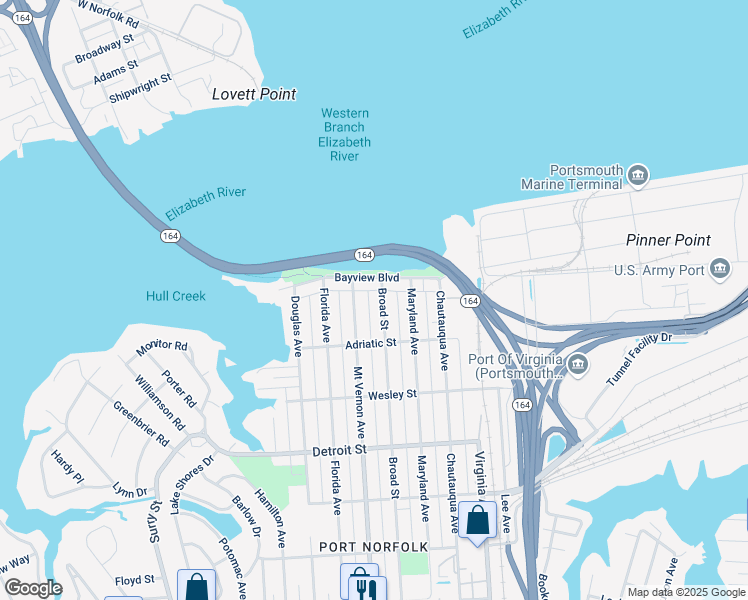 map of restaurants, bars, coffee shops, grocery stores, and more near 106 Broad Street in Portsmouth