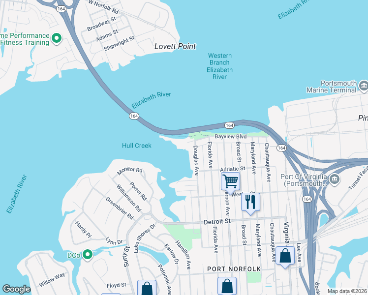 map of restaurants, bars, coffee shops, grocery stores, and more near 3025 Bayview Blvd in Portsmouth