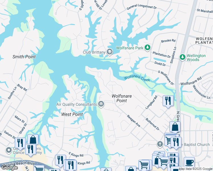 map of restaurants, bars, coffee shops, grocery stores, and more near 2702 Seashore Cove in Virginia Beach