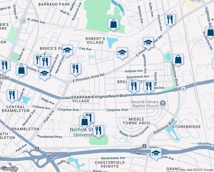 map of restaurants, bars, coffee shops, grocery stores, and more near 2605 Mapleton Avenue in Norfolk