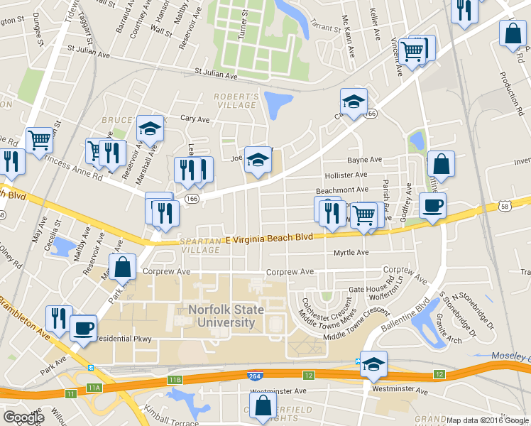map of restaurants, bars, coffee shops, grocery stores, and more near 2605 Mapleton Avenue in Norfolk