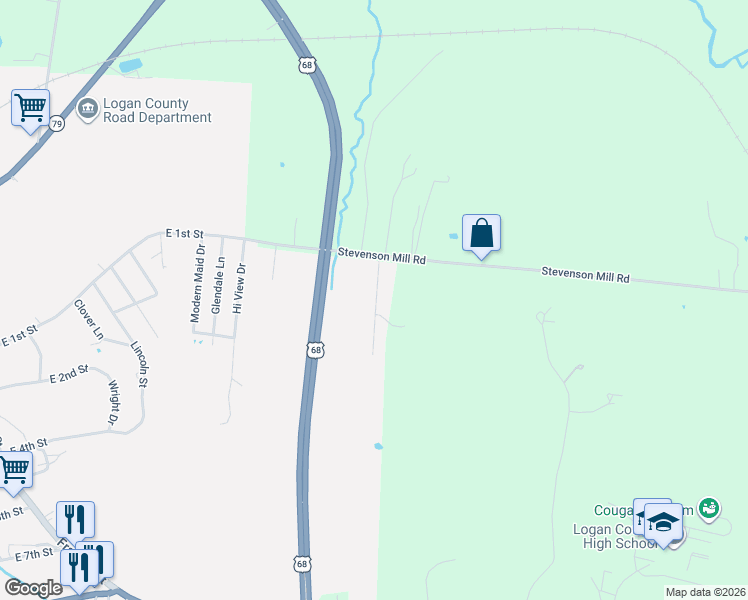 map of restaurants, bars, coffee shops, grocery stores, and more near 115 Head Lane in Russellville