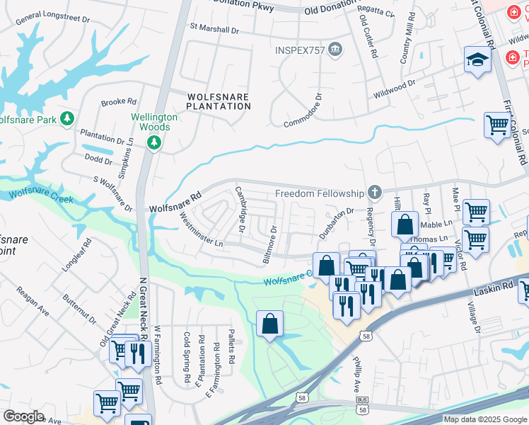 map of restaurants, bars, coffee shops, grocery stores, and more near 2213 Cannon Drive in Virginia Beach