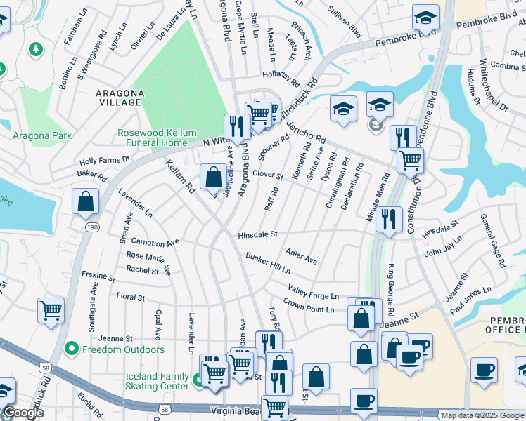 map of restaurants, bars, coffee shops, grocery stores, and more near 621 Raff Road in Virginia Beach