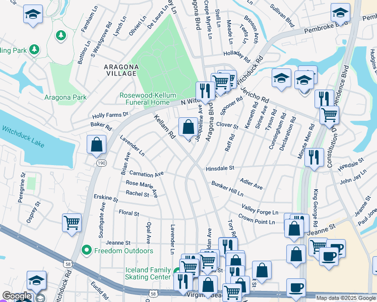 map of restaurants, bars, coffee shops, grocery stores, and more near 612 Kellam Road in Virginia Beach