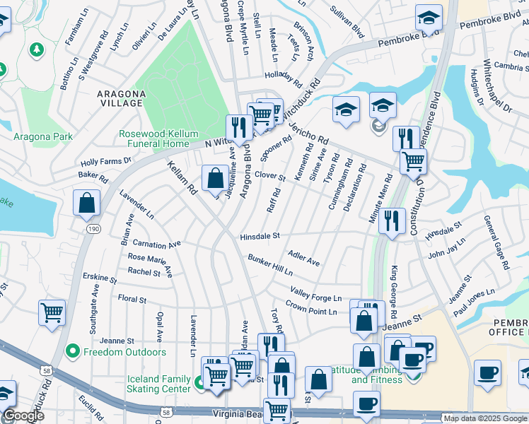 map of restaurants, bars, coffee shops, grocery stores, and more near 621 Raff Road in Virginia Beach