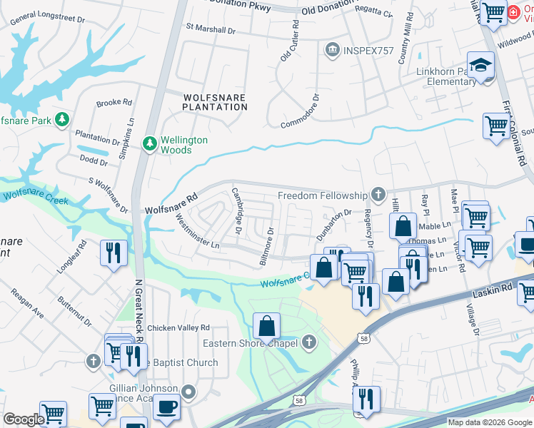 map of restaurants, bars, coffee shops, grocery stores, and more near 2213 Cannon Drive in Virginia Beach