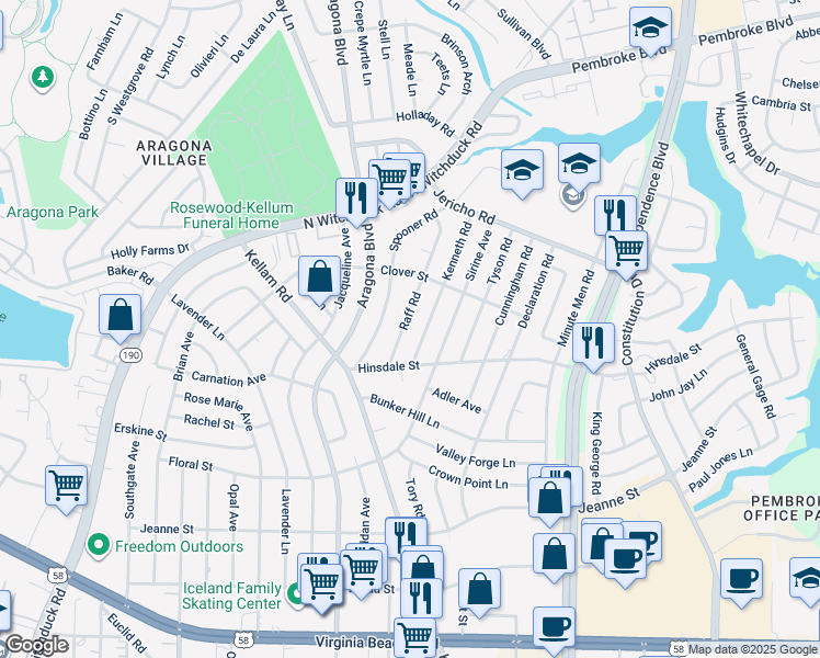 map of restaurants, bars, coffee shops, grocery stores, and more near 620 Raff Road in Virginia Beach