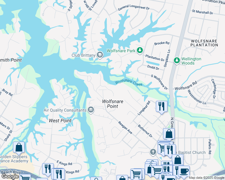 map of restaurants, bars, coffee shops, grocery stores, and more near 294 Windship Cove in Virginia Beach