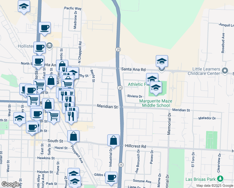 map of restaurants, bars, coffee shops, grocery stores, and more near 270 San Tropez Drive in Hollister