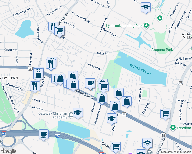 map of restaurants, bars, coffee shops, grocery stores, and more near 320 Wexford Drive in Virginia Beach