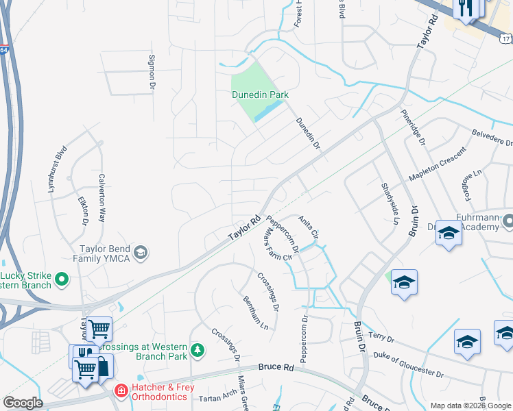 map of restaurants, bars, coffee shops, grocery stores, and more near 3219 Clover Road East in Chesapeake
