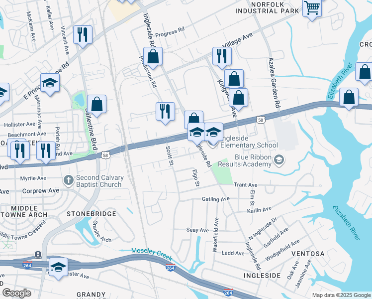 map of restaurants, bars, coffee shops, grocery stores, and more near 3536 Mangrove Avenue in Norfolk