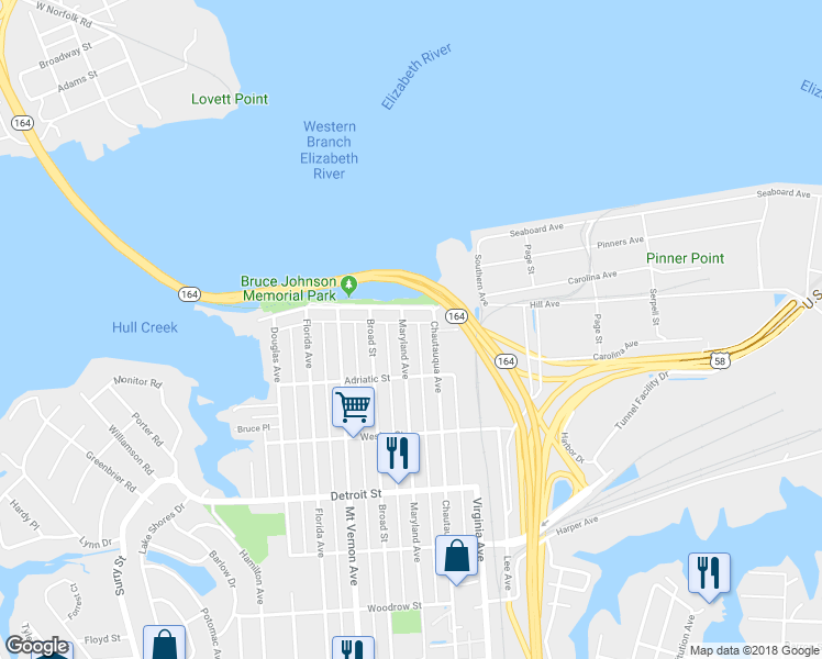 map of restaurants, bars, coffee shops, grocery stores, and more near 117 Maryland Avenue in Portsmouth