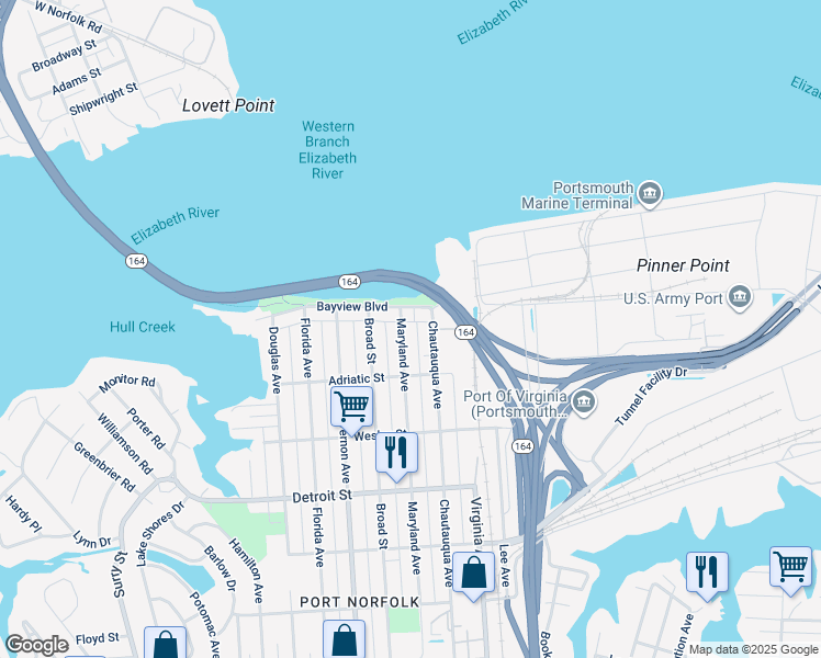map of restaurants, bars, coffee shops, grocery stores, and more near 114 Chautauqua Avenue in Portsmouth