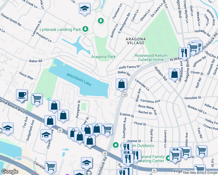 map of restaurants, bars, coffee shops, grocery stores, and more near 5296 Summer Crescent in Virginia Beach