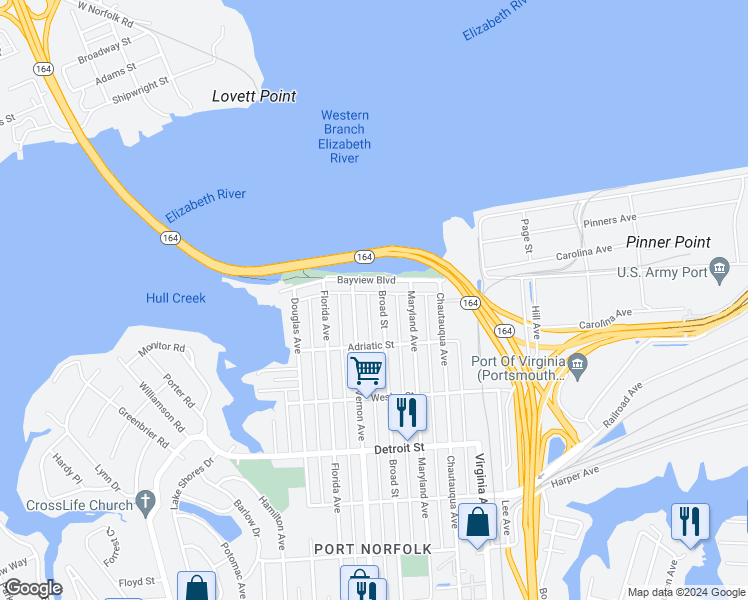 map of restaurants, bars, coffee shops, grocery stores, and more near 104 Broad Street in Portsmouth