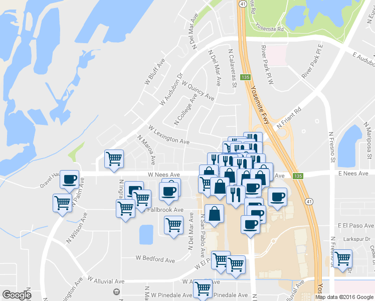 map of restaurants, bars, coffee shops, grocery stores, and more near 8096 North Poplar Avenue in Fresno