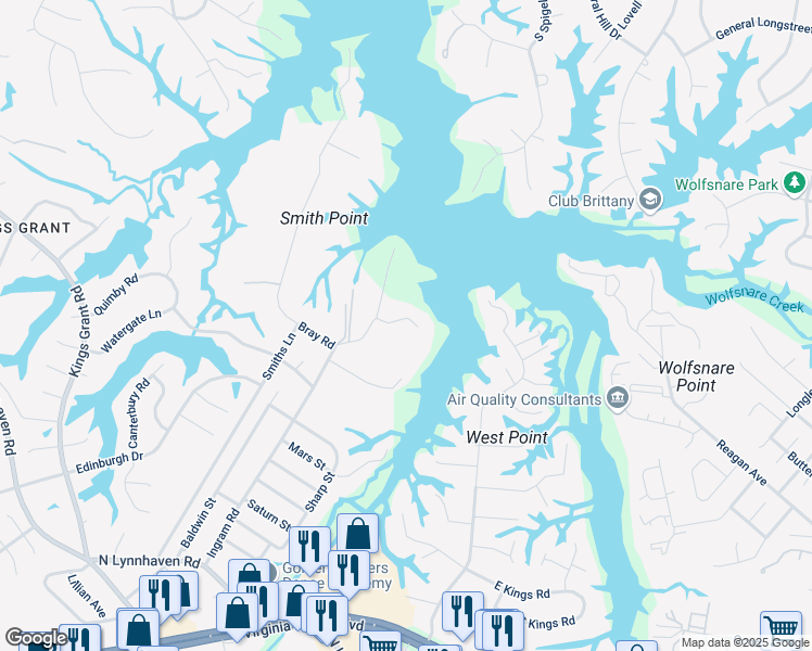 map of restaurants, bars, coffee shops, grocery stores, and more near 3109 Rivers Edge Cove in Virginia Beach
