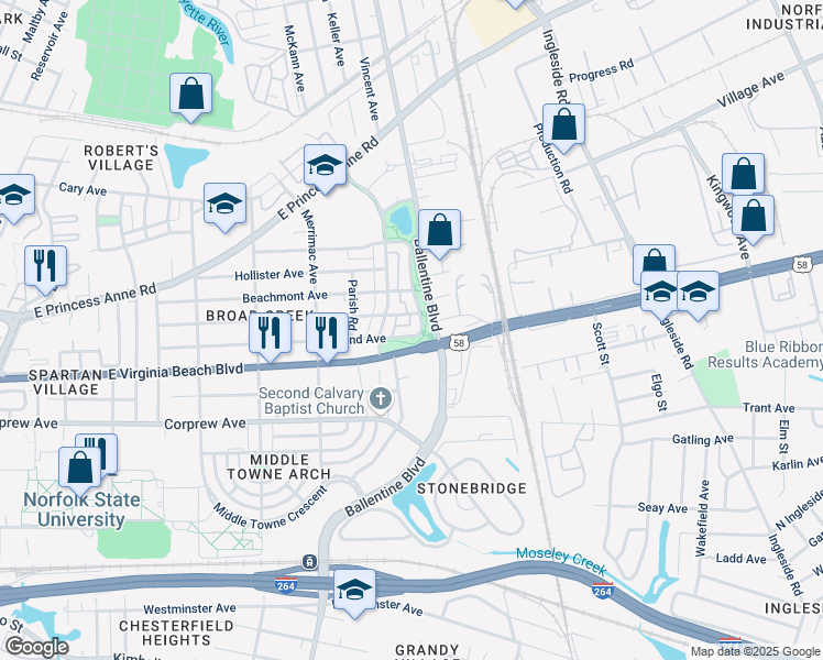 map of restaurants, bars, coffee shops, grocery stores, and more near 3058 Woodland Avenue in Norfolk