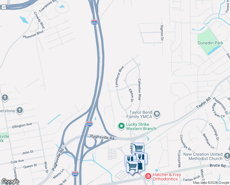 map of restaurants, bars, coffee shops, grocery stores, and more near 3647 Mardean Drive in Chesapeake
