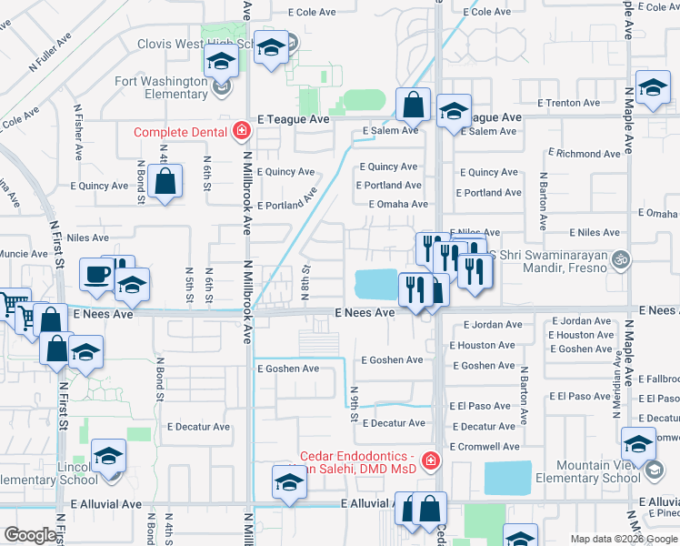 map of restaurants, bars, coffee shops, grocery stores, and more near 1226 East Lexington Avenue in Fresno