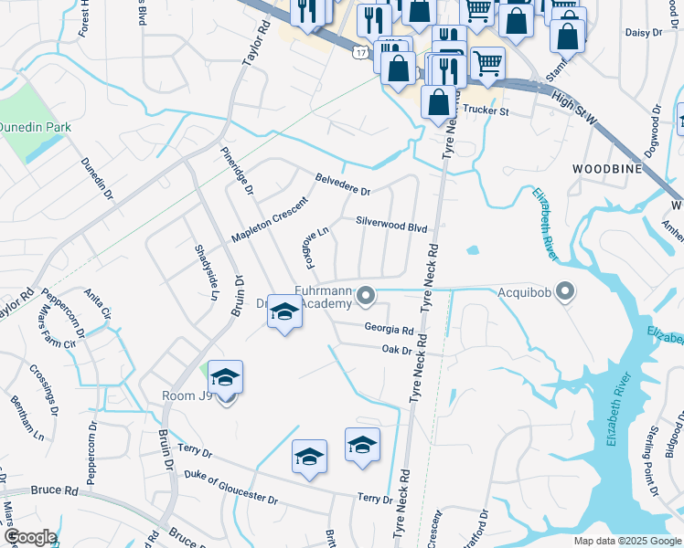 map of restaurants, bars, coffee shops, grocery stores, and more near 4104 Hawksley Drive in Chesapeake