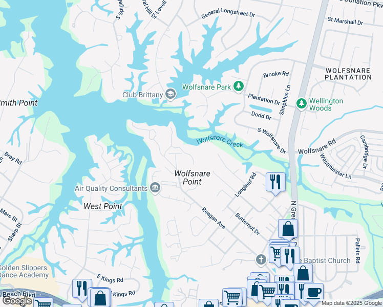 map of restaurants, bars, coffee shops, grocery stores, and more near 296 Windship Cove in Virginia Beach