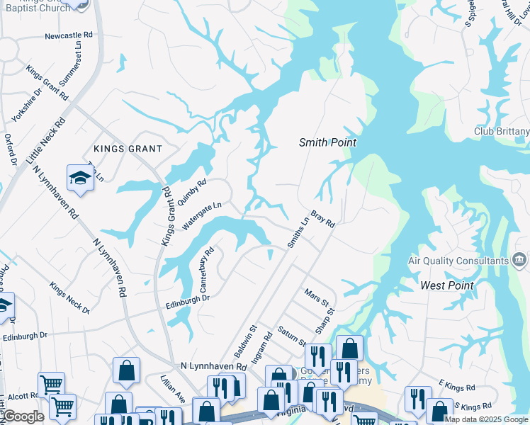 map of restaurants, bars, coffee shops, grocery stores, and more near 3020 Watergate Lane in Virginia Beach