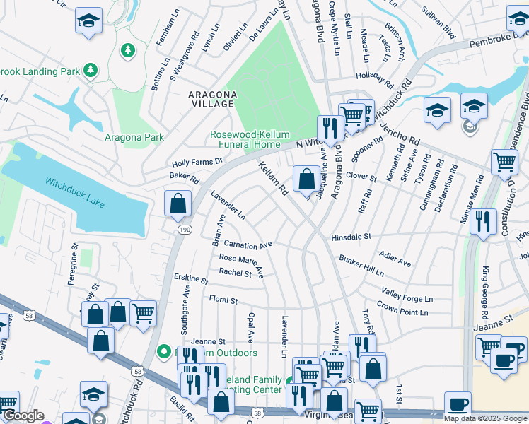 map of restaurants, bars, coffee shops, grocery stores, and more near 4968 Chaucer Street in Virginia Beach